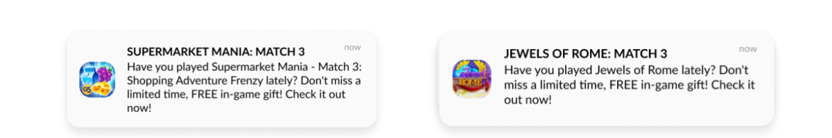 Game apps re-engagement push notifications with Dynamic Content